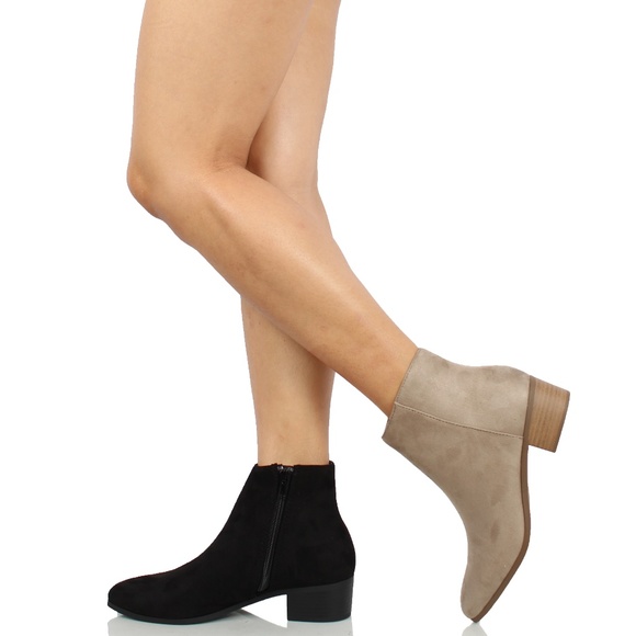 Clay Faux Suede Pointy Toe Low Stacked Heel Ankle Bootie - Picture 5 of 6
